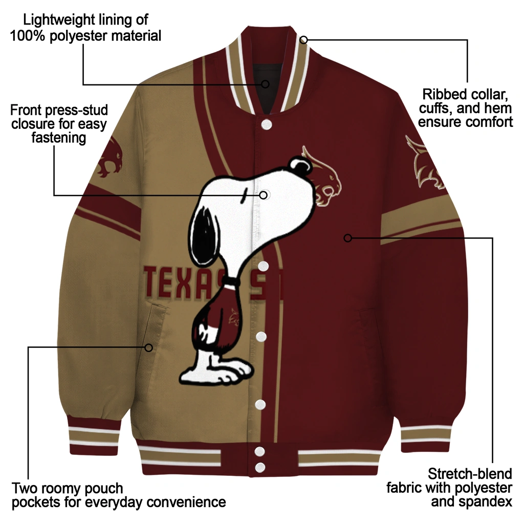texas state bobcats snoopy attitude maroon varsity jacket new arrival texas state bobcats snoopy attitude maroon varsity jacket new arrival
