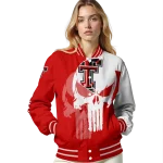 texas tech red raiders skull outline red white varsity jacket best selling