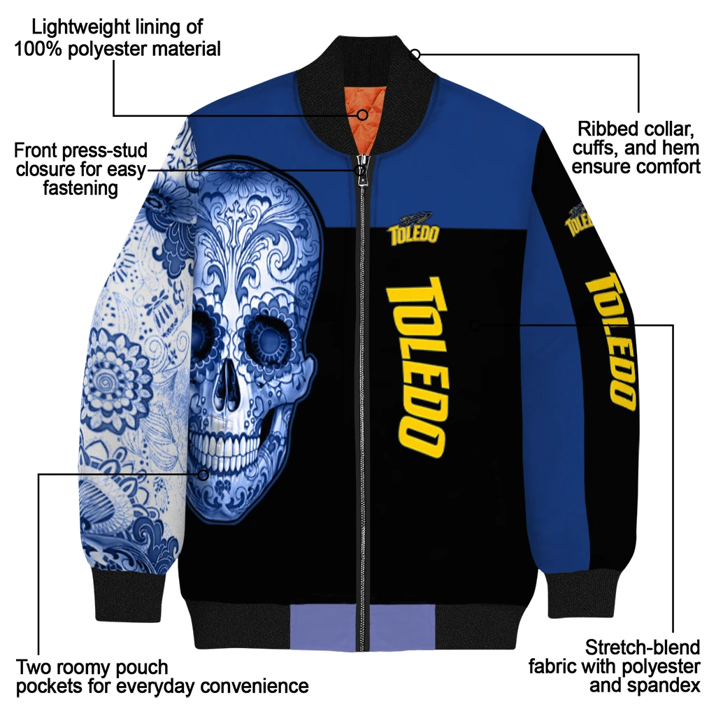 toledo rockets intricate skull blue black bomber jacket new arrival toledo rockets intricate skull blue black bomber jacket new arrival