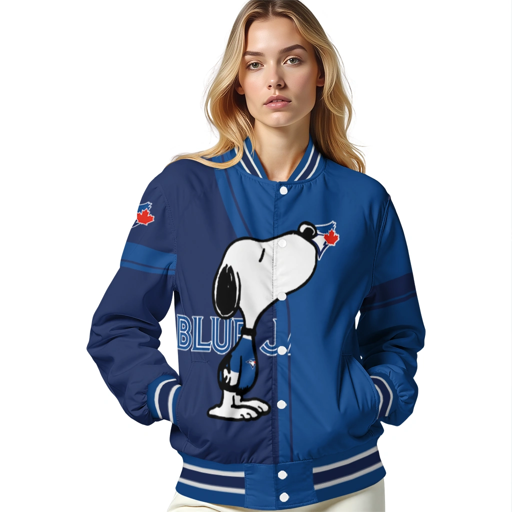 toronto blue jays snoopy attitude blue varsity jacket latest model toronto blue jays snoopy attitude blue varsity jacket latest model