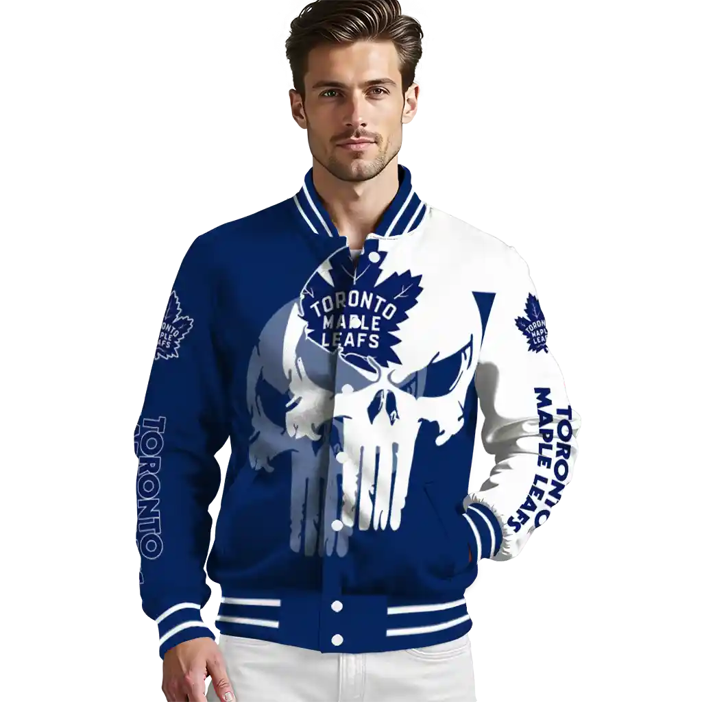 toronto maple leafs skull outline blue white varsity jacket high quality toronto maple leafs skull outline blue white varsity jacket high quality