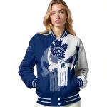 toronto maple leafs skull outline blue white varsity jacket best selling