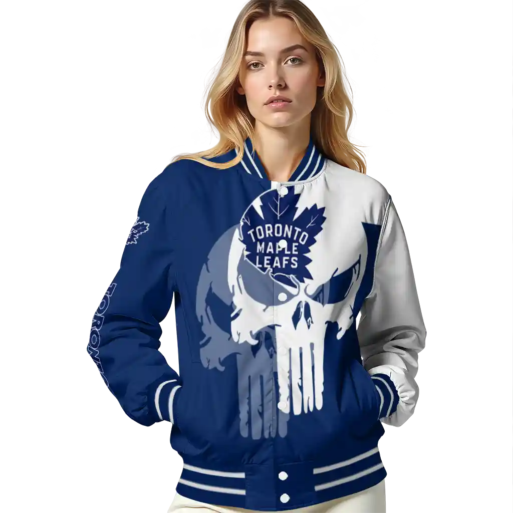 toronto maple leafs skull outline blue white varsity jacket latest model toronto maple leafs skull outline blue white varsity jacket latest model