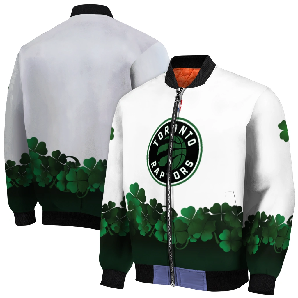 toronto raptors clover pattern print white green bomber jacket best selling toronto raptors clover pattern print white green bomber jacket best selling