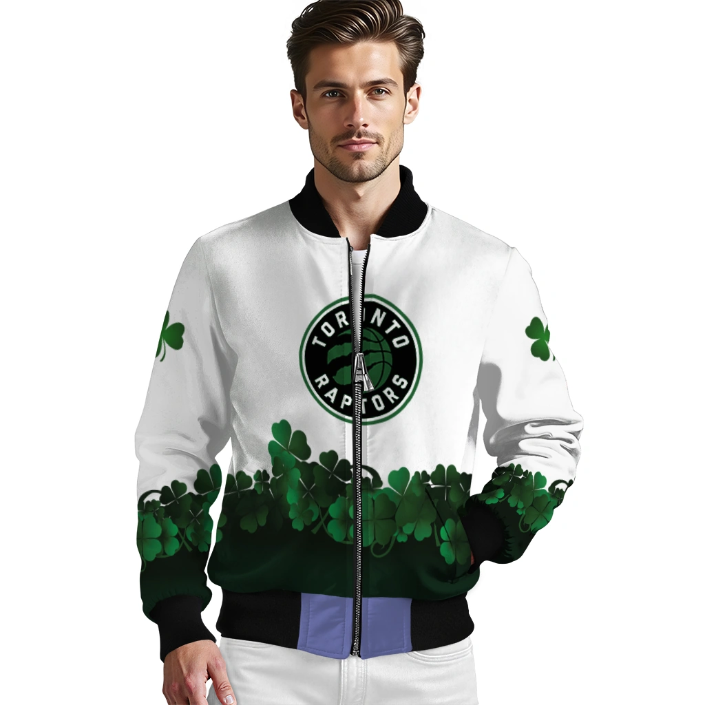 toronto raptors clover pattern print white green bomber jacket high quality toronto raptors clover pattern print white green bomber jacket high quality