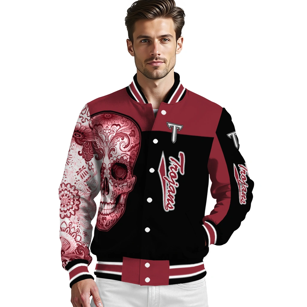 troy trojans intricate skull red black varsity jacket high quality troy trojans intricate skull red black varsity jacket high quality