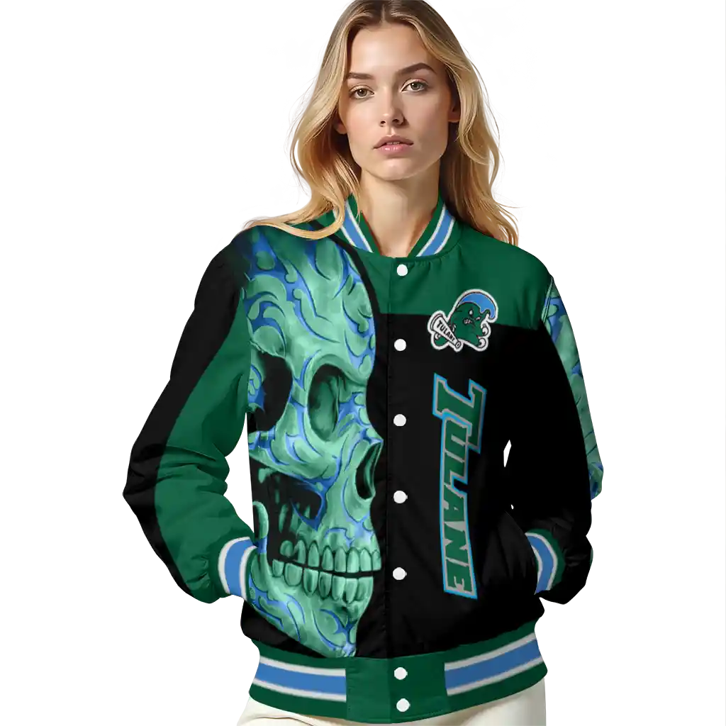 tulane green wave fire skull green black varsity jacket latest model tulane green wave fire skull green black varsity jacket latest model