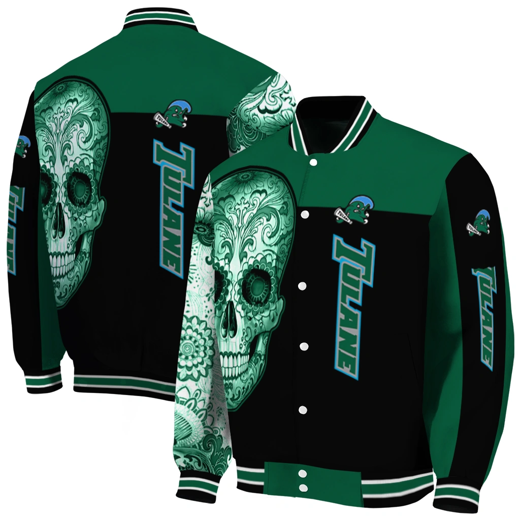 tulane green wave intricate skull green black varsity jacket fashion forward tulane green wave intricate skull green black varsity jacket fashion forward