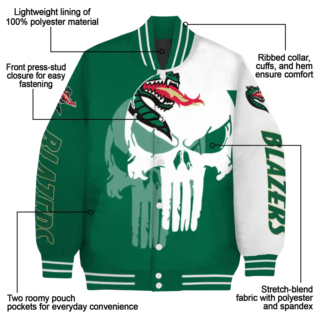uab blazers skull outline green white varsity jacket new arrival uab blazers skull outline green white varsity jacket new arrival