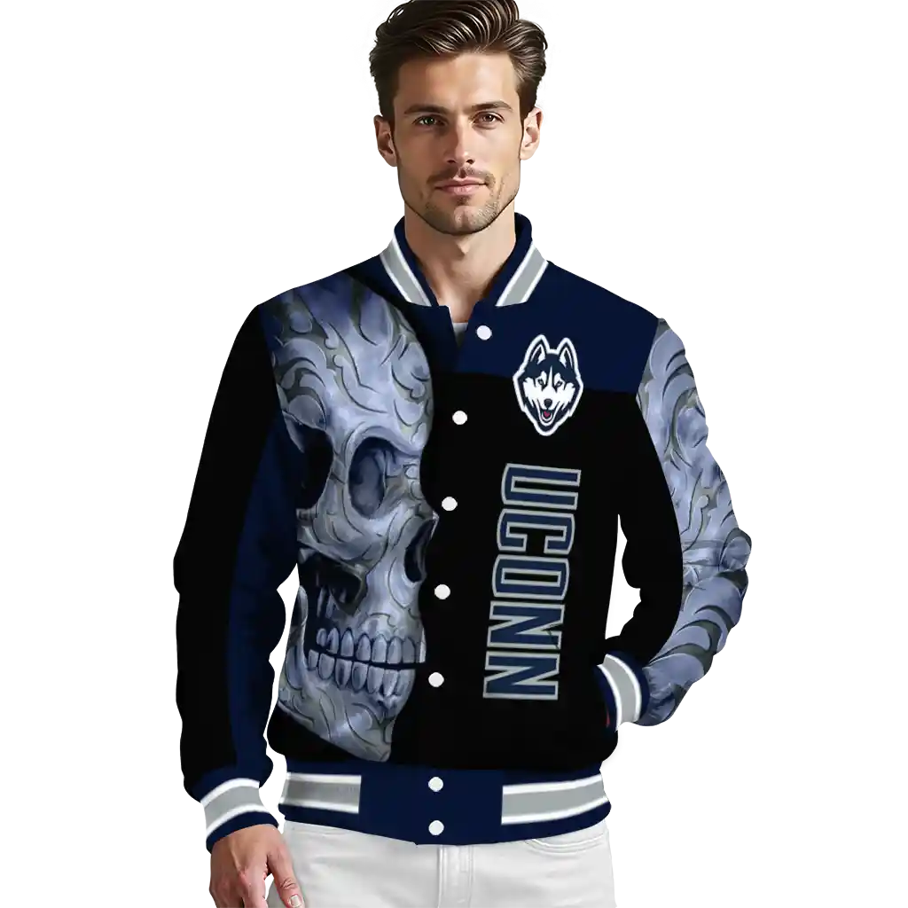 uconn huskies fire skull blue black varsity jacket high quality uconn huskies fire skull blue black varsity jacket high quality