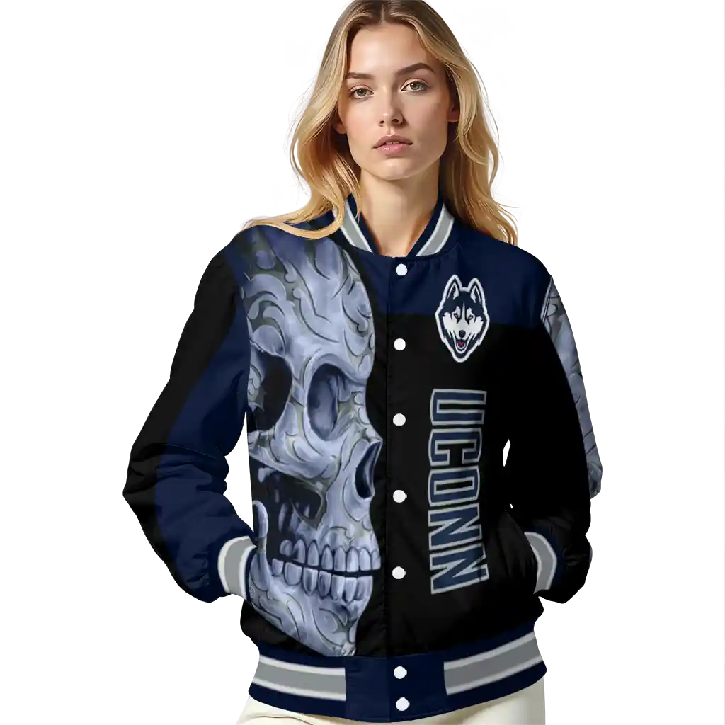 uconn huskies fire skull blue black varsity jacket latest model uconn huskies fire skull blue black varsity jacket latest model
