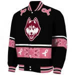 uconn huskies pink ribbon black pink varsity jacket best selling