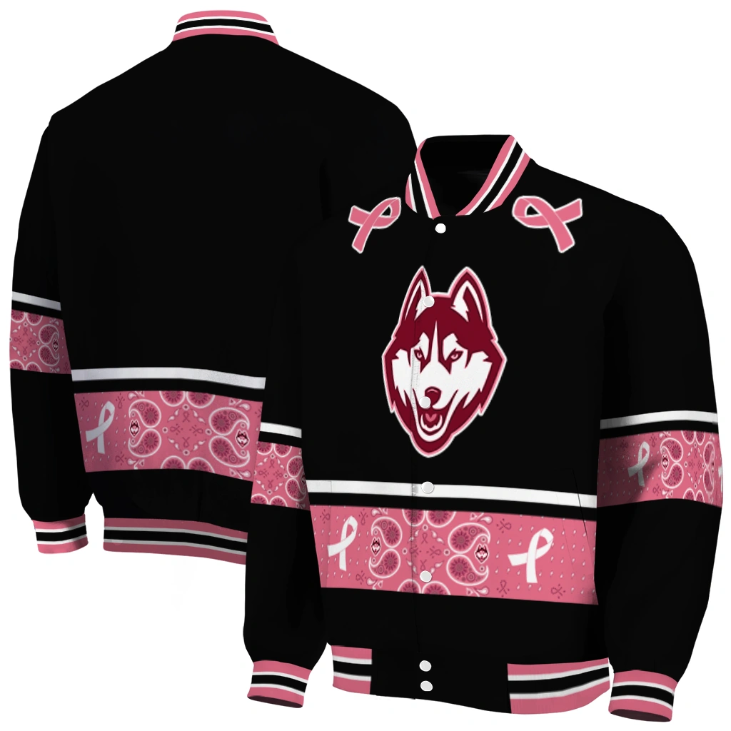 uconn huskies pink ribbon black pink varsity jacket fashion forward uconn huskies pink ribbon black pink varsity jacket fashion forward