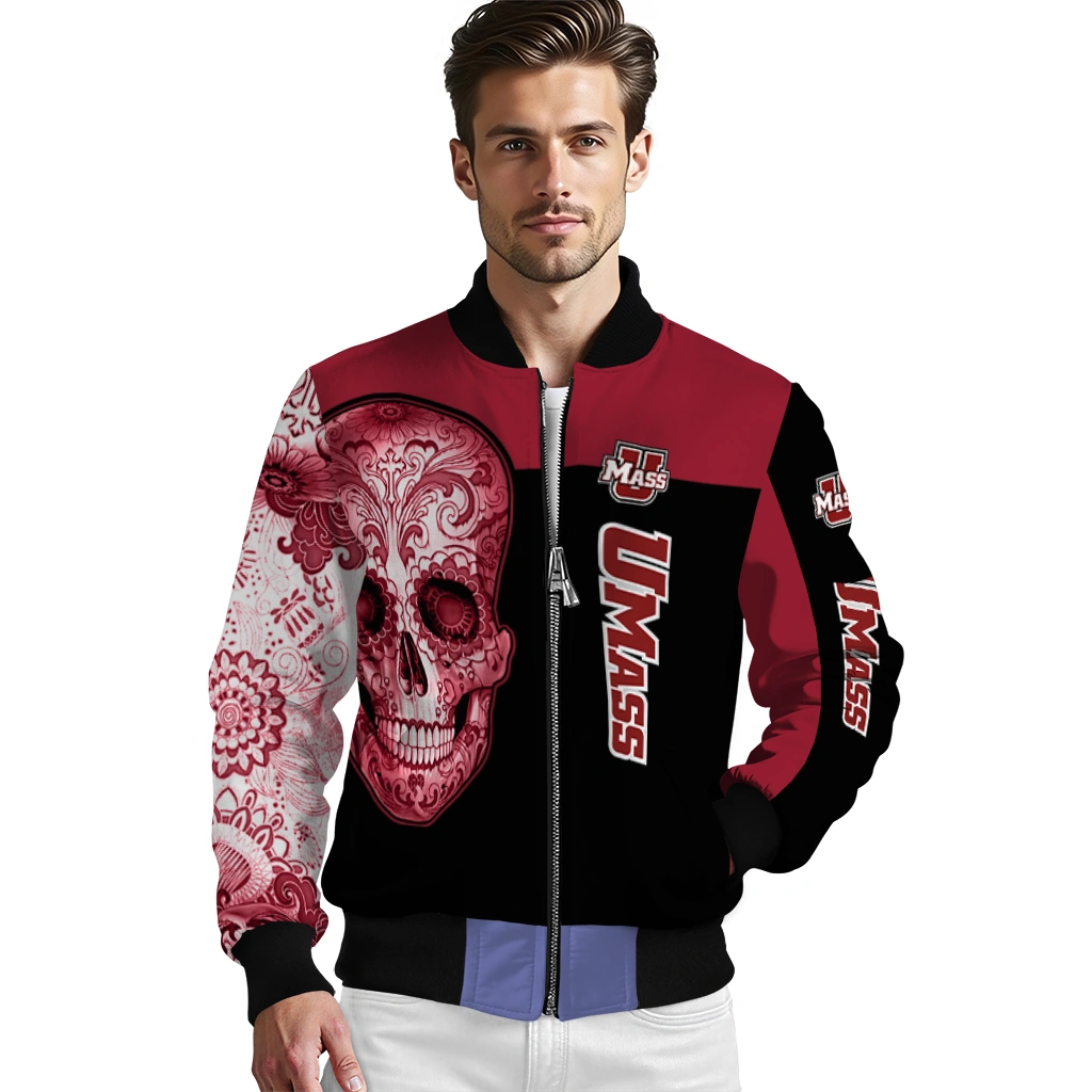 umass minutemen intricate skull red black bomber jacket high quality umass minutemen intricate skull red black bomber jacket high quality