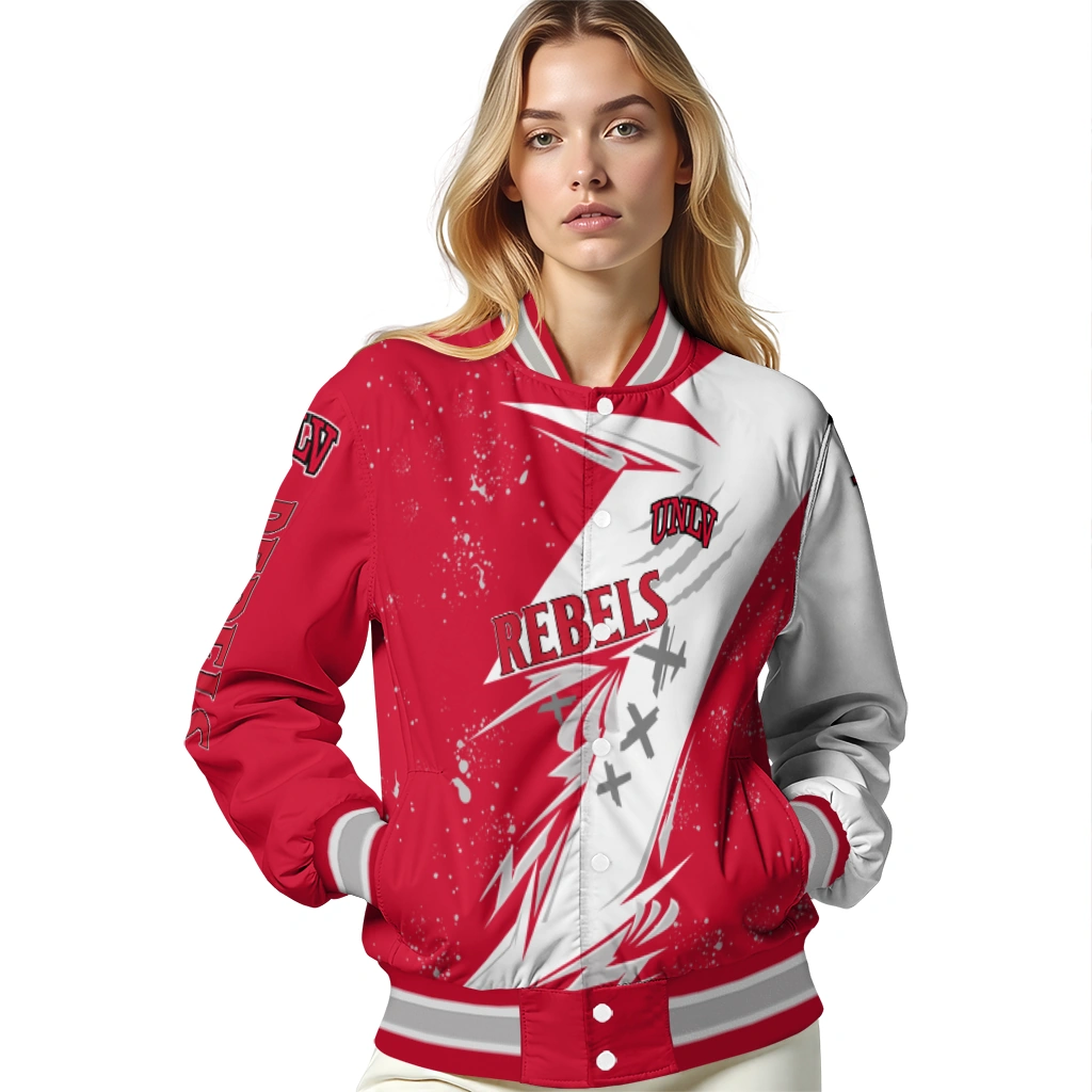 unlv rebels ripped bolt red white varsity jacket latest model unlv rebels ripped bolt red white varsity jacket latest model