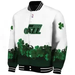 utah jazz clover pattern print white green varsity jacket best selling