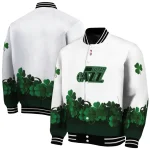 utah jazz clover pattern print white green varsity jacket best selling