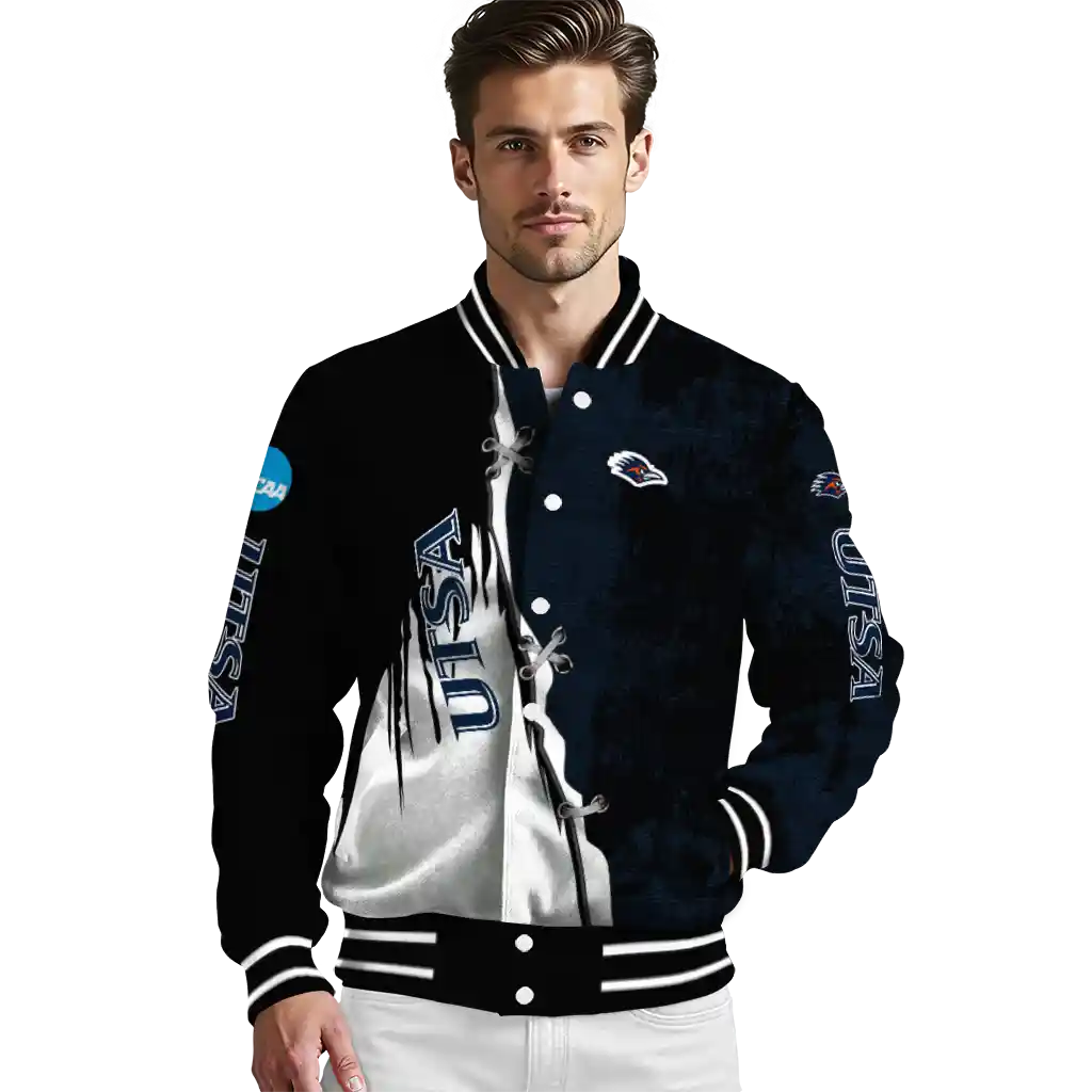 utsa roadrunners torn texture print orange black varsity jacket high quality utsa roadrunners torn texture print orange black varsity jacket high quality