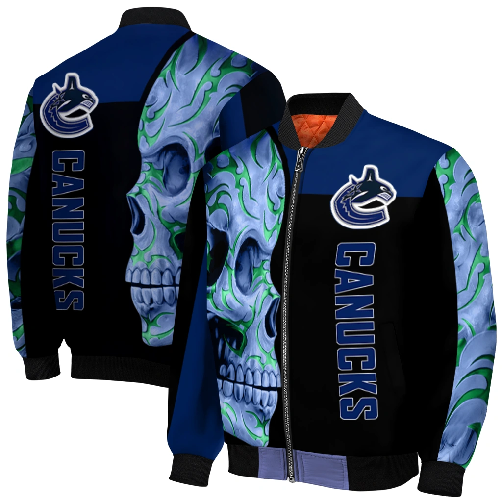 vancouver canucks fire skull blue black bomber jacket best selling vancouver canucks fire skull blue black bomber jacket best selling
