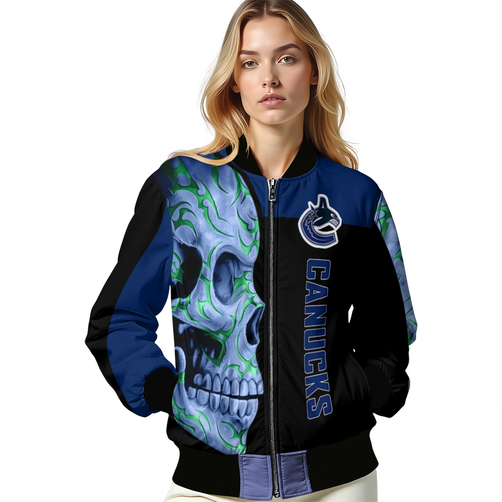 vancouver canucks fire skull blue black bomber jacket latest model vancouver canucks fire skull blue black bomber jacket latest model