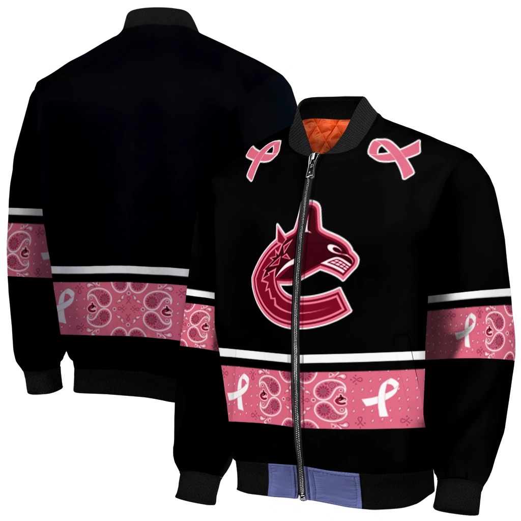 vancouver canucks pink ribbon black pink bomber jacket best selling vancouver canucks pink ribbon black pink bomber jacket best selling