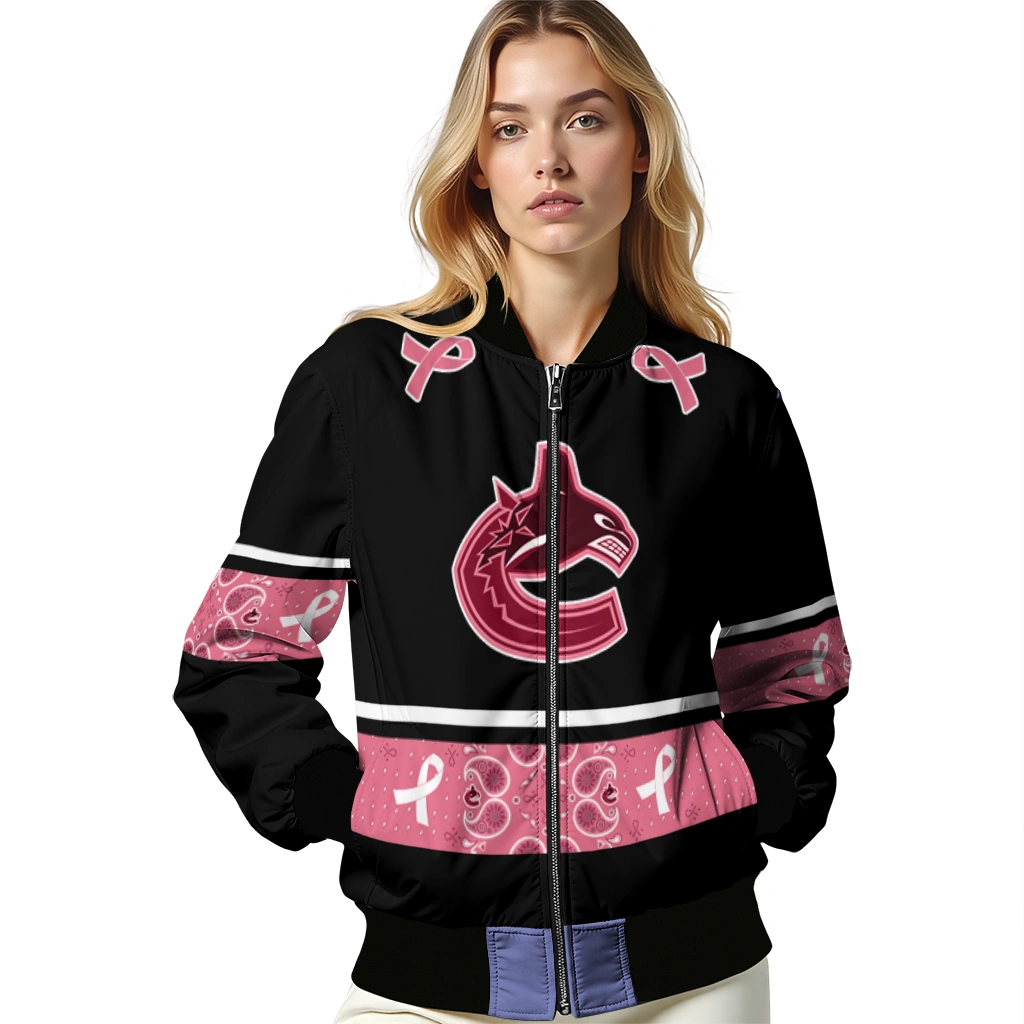 vancouver canucks pink ribbon black pink bomber jacket latest model vancouver canucks pink ribbon black pink bomber jacket latest model