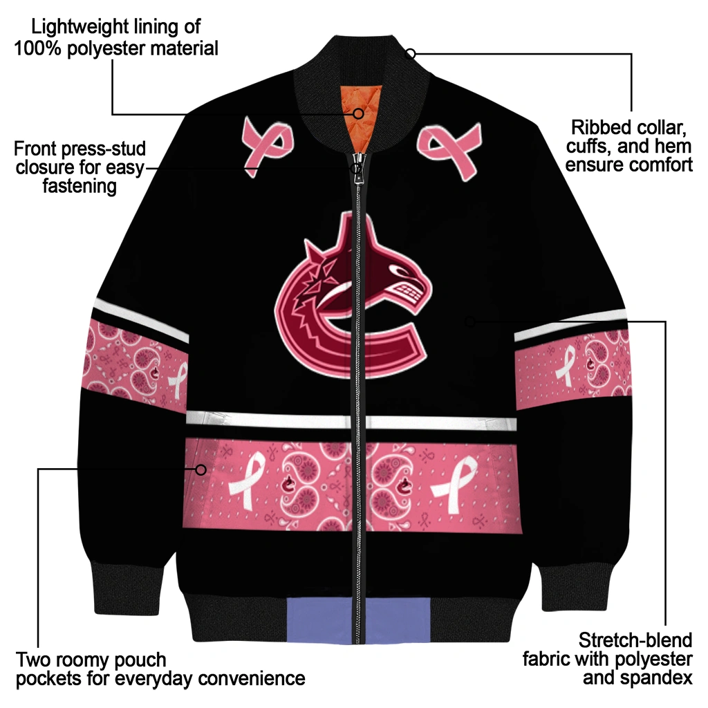 vancouver canucks pink ribbon black pink bomber jacket new arrival vancouver canucks pink ribbon black pink bomber jacket new arrival