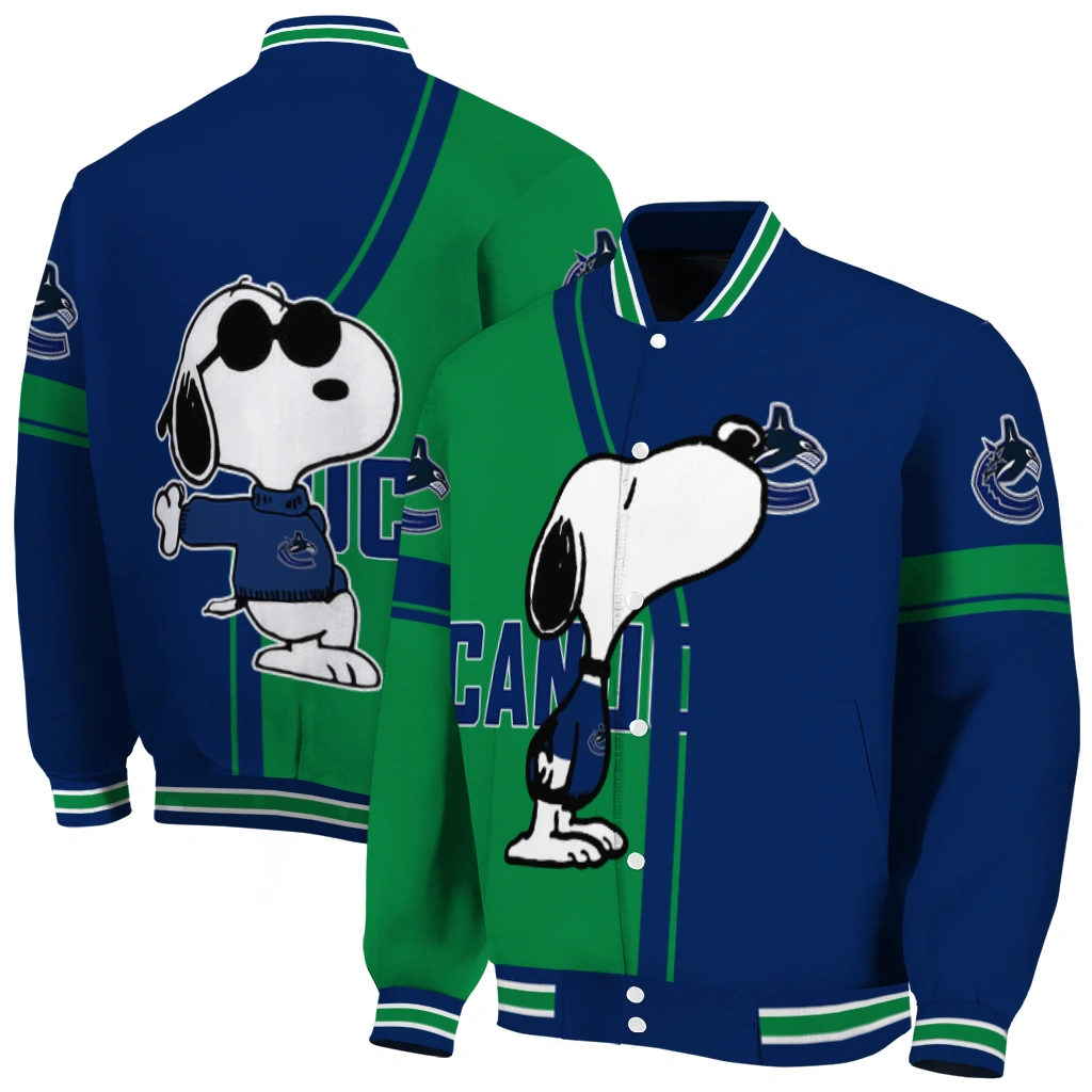 vancouver canucks snoopy attitude blue varsity jacket fashion forward vancouver canucks snoopy attitude blue varsity jacket fashion forward