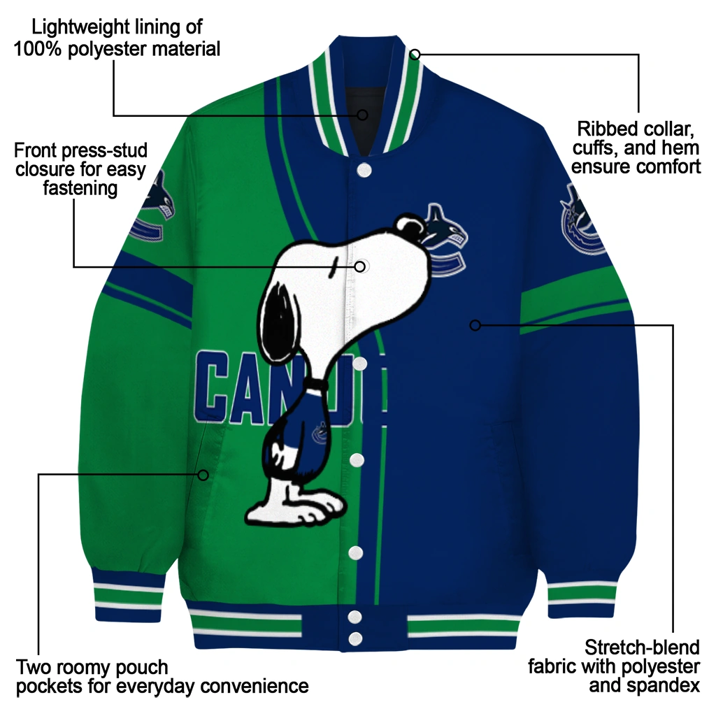 vancouver canucks snoopy attitude blue varsity jacket new arrival vancouver canucks snoopy attitude blue varsity jacket new arrival