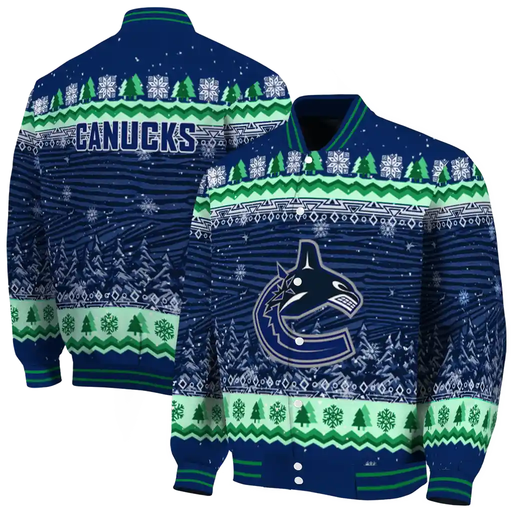 vancouver canucks snowy pines blue varsity jacket fashion forward vancouver canucks snowy pines blue varsity jacket fashion forward