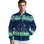 vancouver canucks snowy pines blue varsity jacket best selling