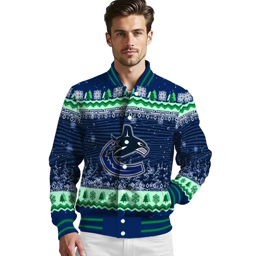 vancouver canucks snowy pines blue varsity jacket high quality vancouver canucks snowy pines blue varsity jacket high quality