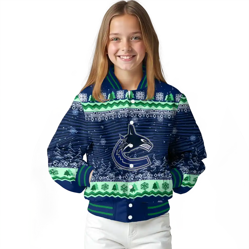 vancouver canucks snowy pines blue varsity jacket top rated vancouver canucks snowy pines blue varsity jacket top rated