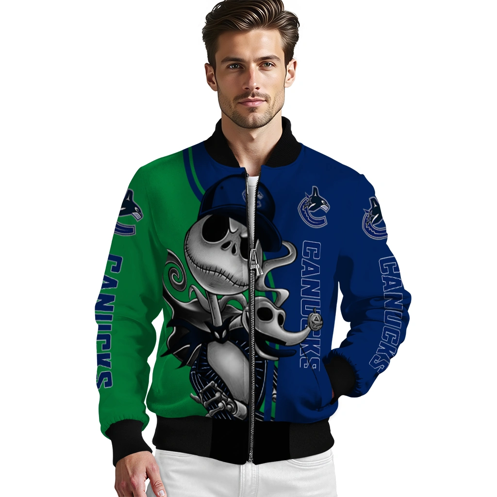 vancouver canucks spooky grin blue bomber jacket high quality vancouver canucks spooky grin blue bomber jacket high quality