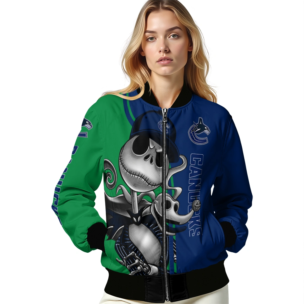 vancouver canucks spooky grin blue bomber jacket latest model vancouver canucks spooky grin blue bomber jacket latest model