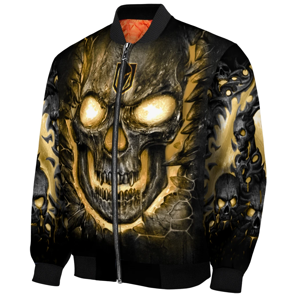 vegas golden knights inferno skull tan black bomber jacket fashion forward vegas golden knights inferno skull tan black bomber jacket fashion forward