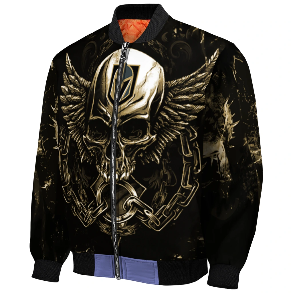 vegas golden knights skull bite tan black bomber jacket fashion forward vegas golden knights skull bite tan black bomber jacket fashion forward