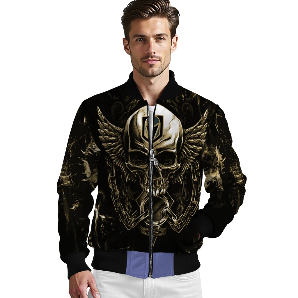 vegas golden knights skull bite tan black bomber jacket high quality vegas golden knights skull bite tan black bomber jacket high quality