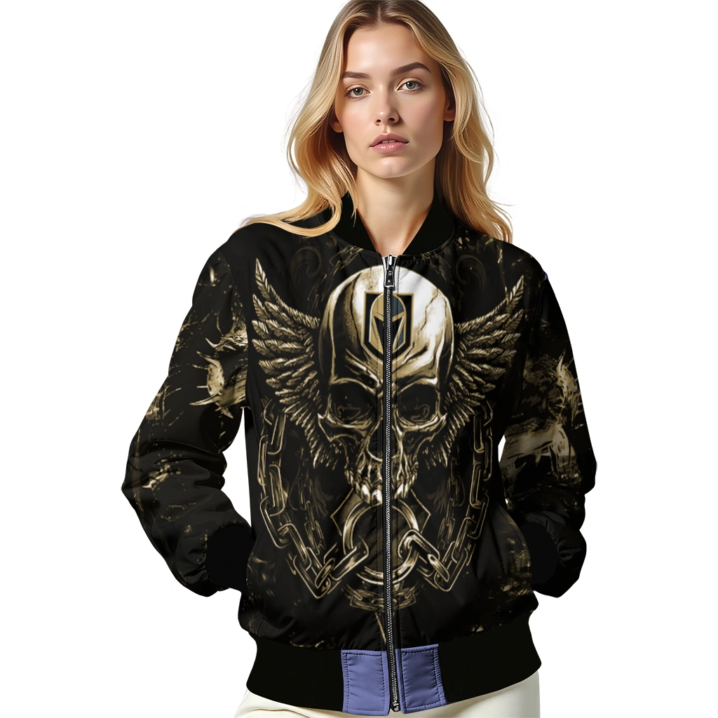 vegas golden knights skull bite tan black bomber jacket latest model vegas golden knights skull bite tan black bomber jacket latest model