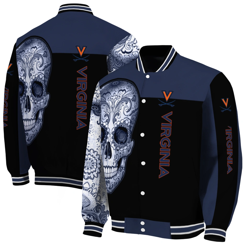 virginia cavaliers intricate skull blue black varsity jacket fashion forward virginia cavaliers intricate skull blue black varsity jacket fashion forward
