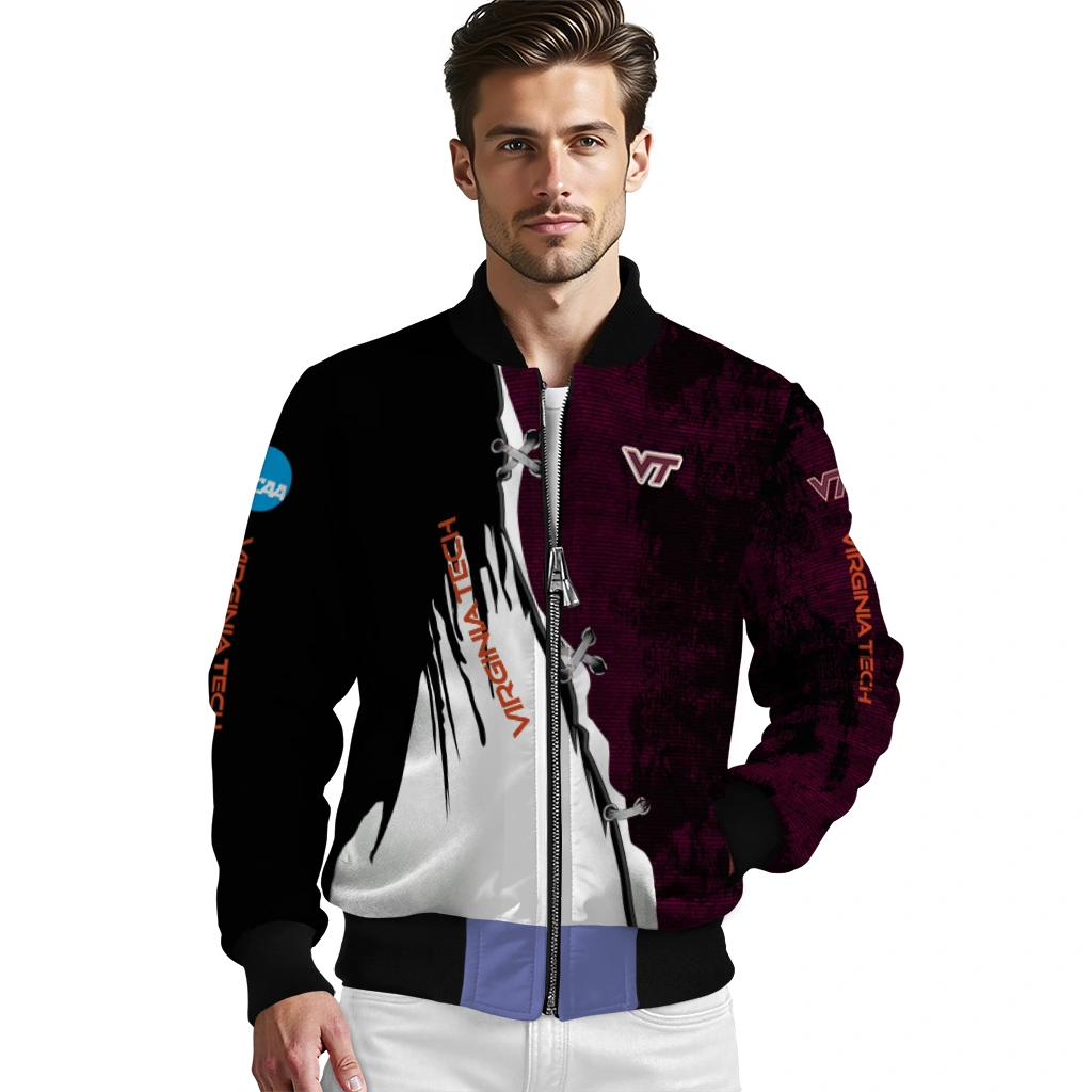 virginia tech hokies torn texture print maroon black bomber jacket high quality virginia tech hokies torn texture print maroon black bomber jacket high quality