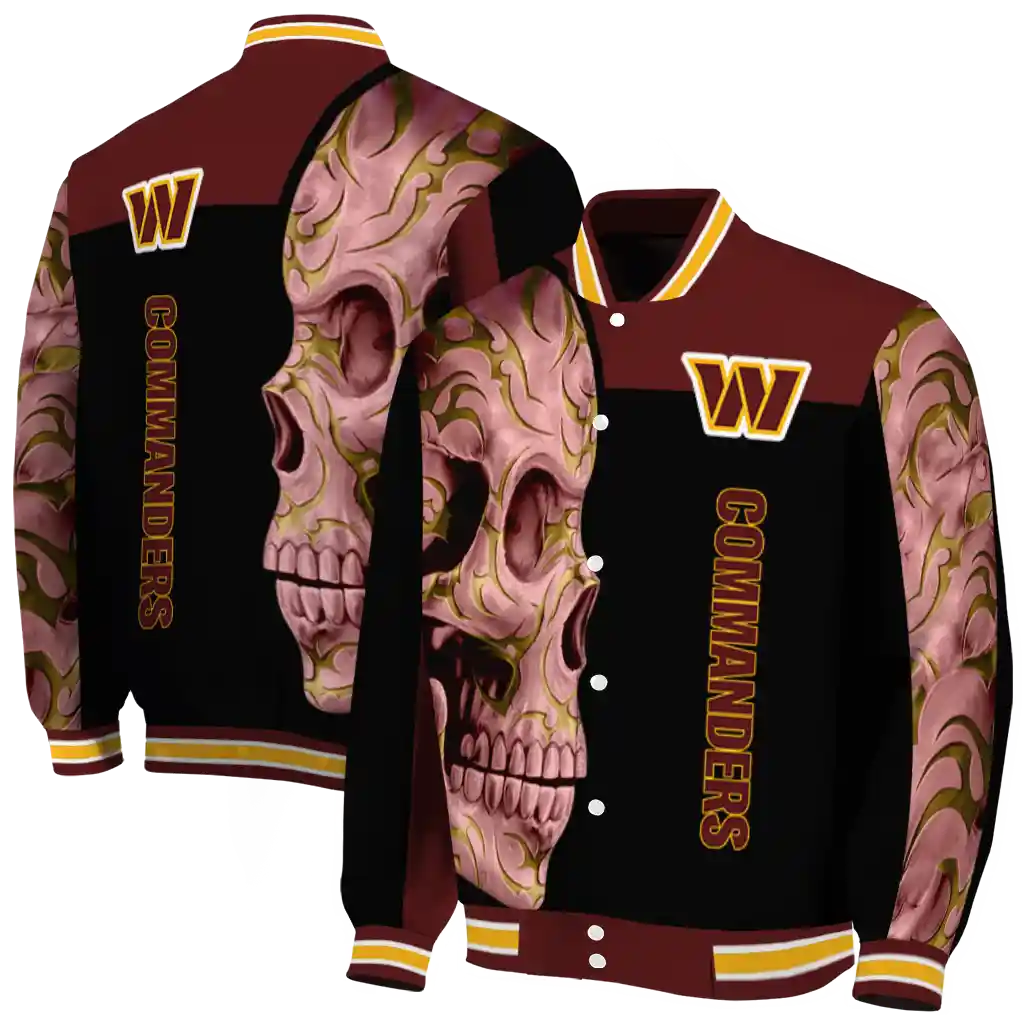 washington commanders fire skull burgundy black varsity jacket fashion forward washington commanders fire skull burgundy black varsity jacket fashion forward