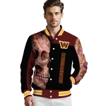 washington commanders fire skull burgundy black varsity jacket best selling