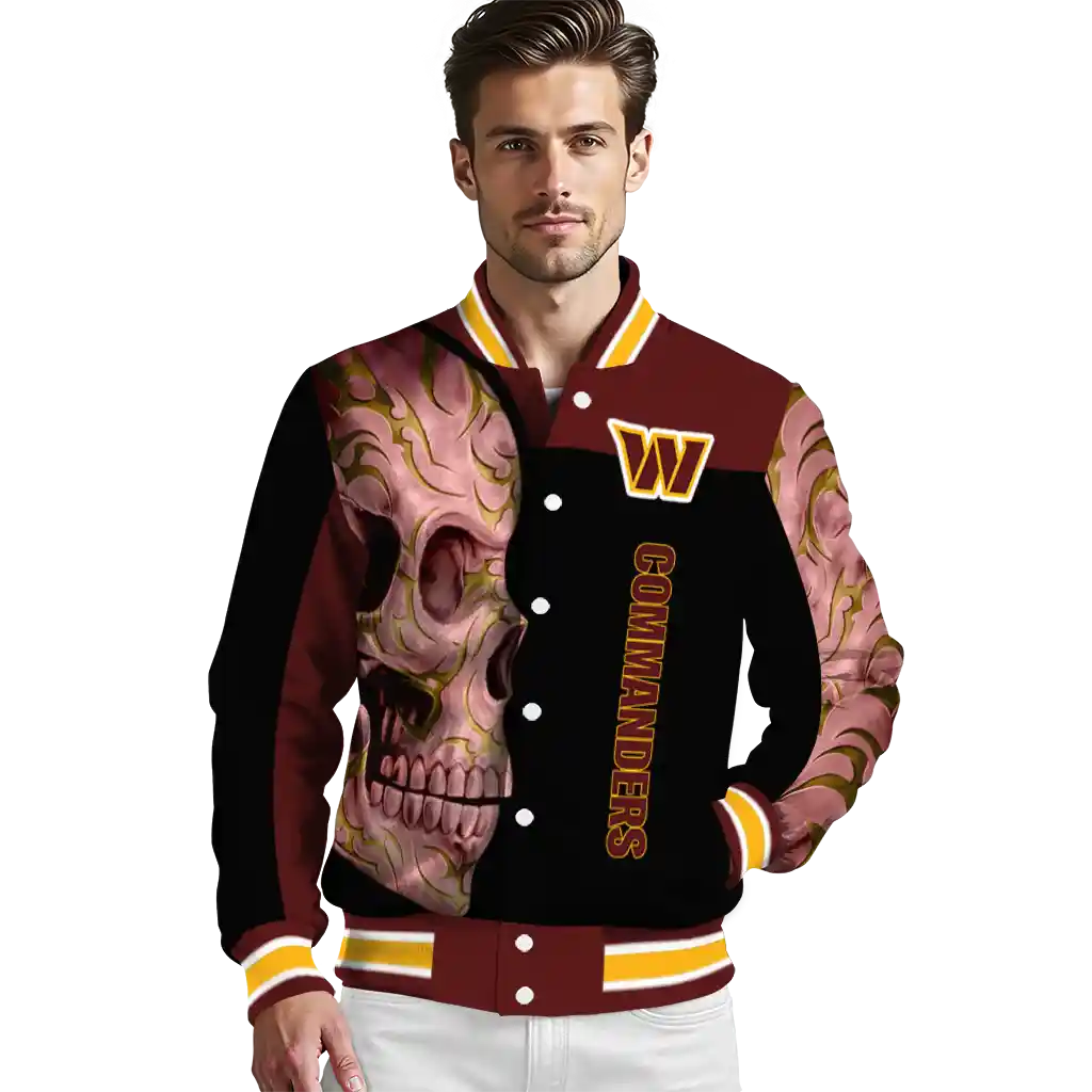 washington commanders fire skull burgundy black varsity jacket high quality washington commanders fire skull burgundy black varsity jacket high quality