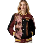 washington commanders fire skull burgundy black varsity jacket best selling