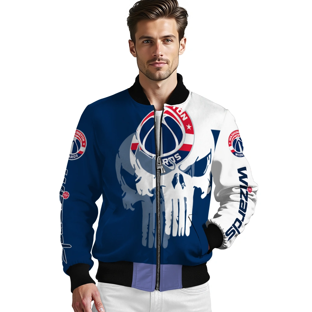 washington wizards skull outline blue white bomber jacket high quality washington wizards skull outline blue white bomber jacket high quality