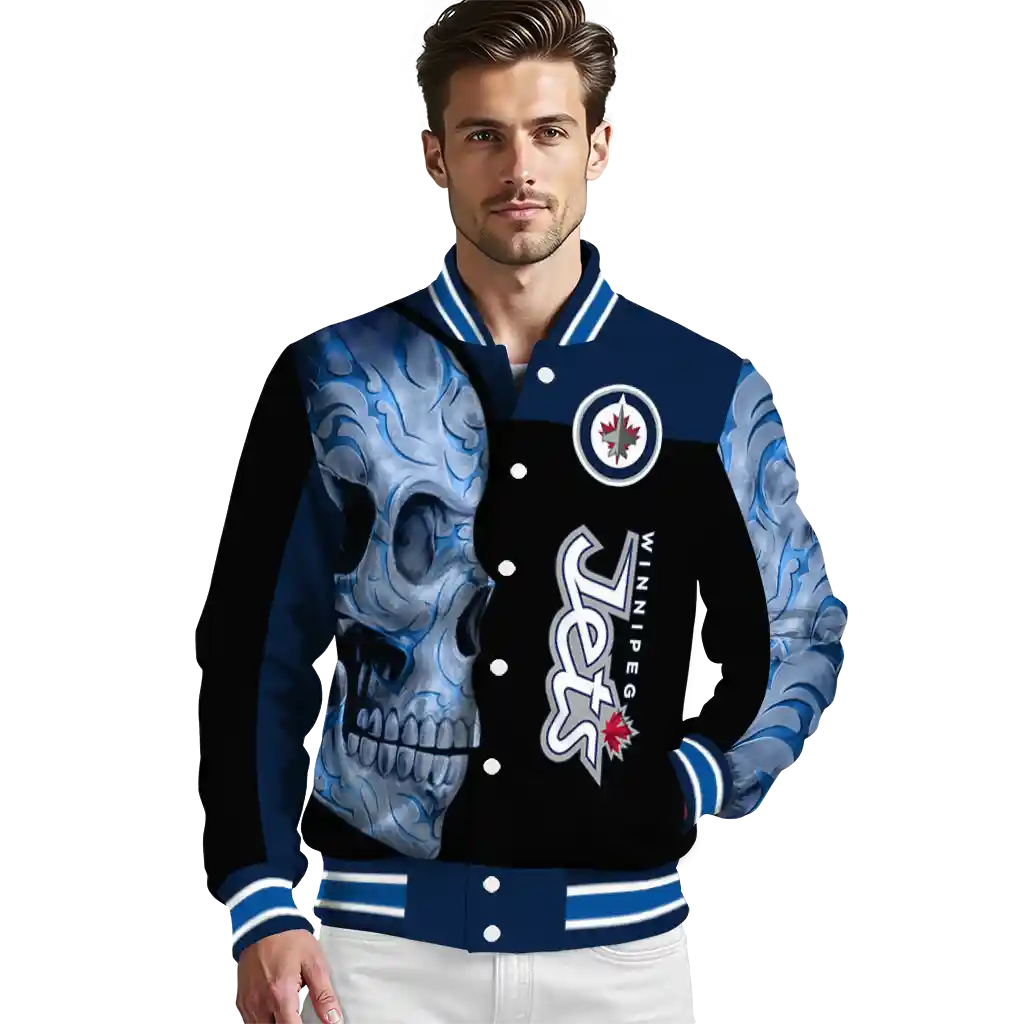 winnipeg jets fire skull blue black varsity jacket high quality winnipeg jets fire skull blue black varsity jacket high quality
