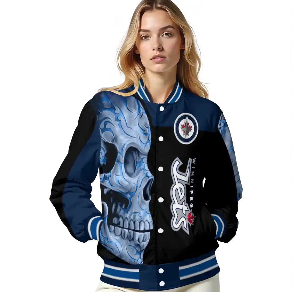 winnipeg jets fire skull blue black varsity jacket latest model winnipeg jets fire skull blue black varsity jacket latest model
