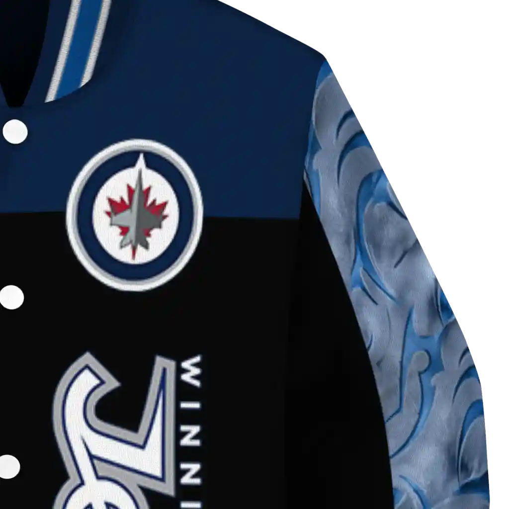 winnipeg jets fire skull blue black varsity jacket premium grade winnipeg jets fire skull blue black varsity jacket premium grade