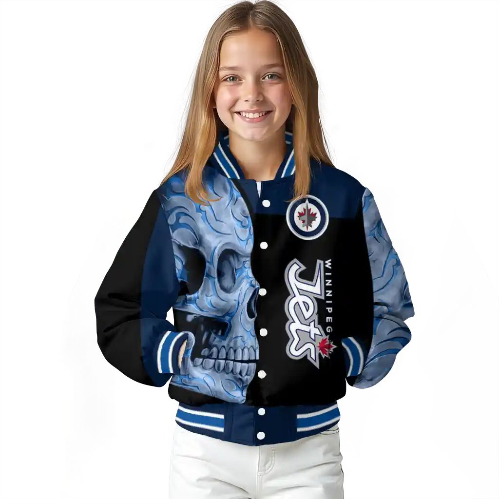 winnipeg jets fire skull blue black varsity jacket top rated winnipeg jets fire skull blue black varsity jacket top rated
